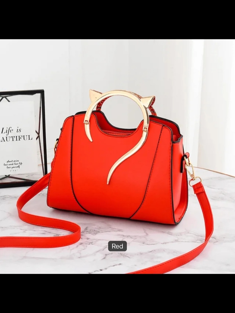 Red Structured Satchel Handbag with Gold Cat-Accent Handle